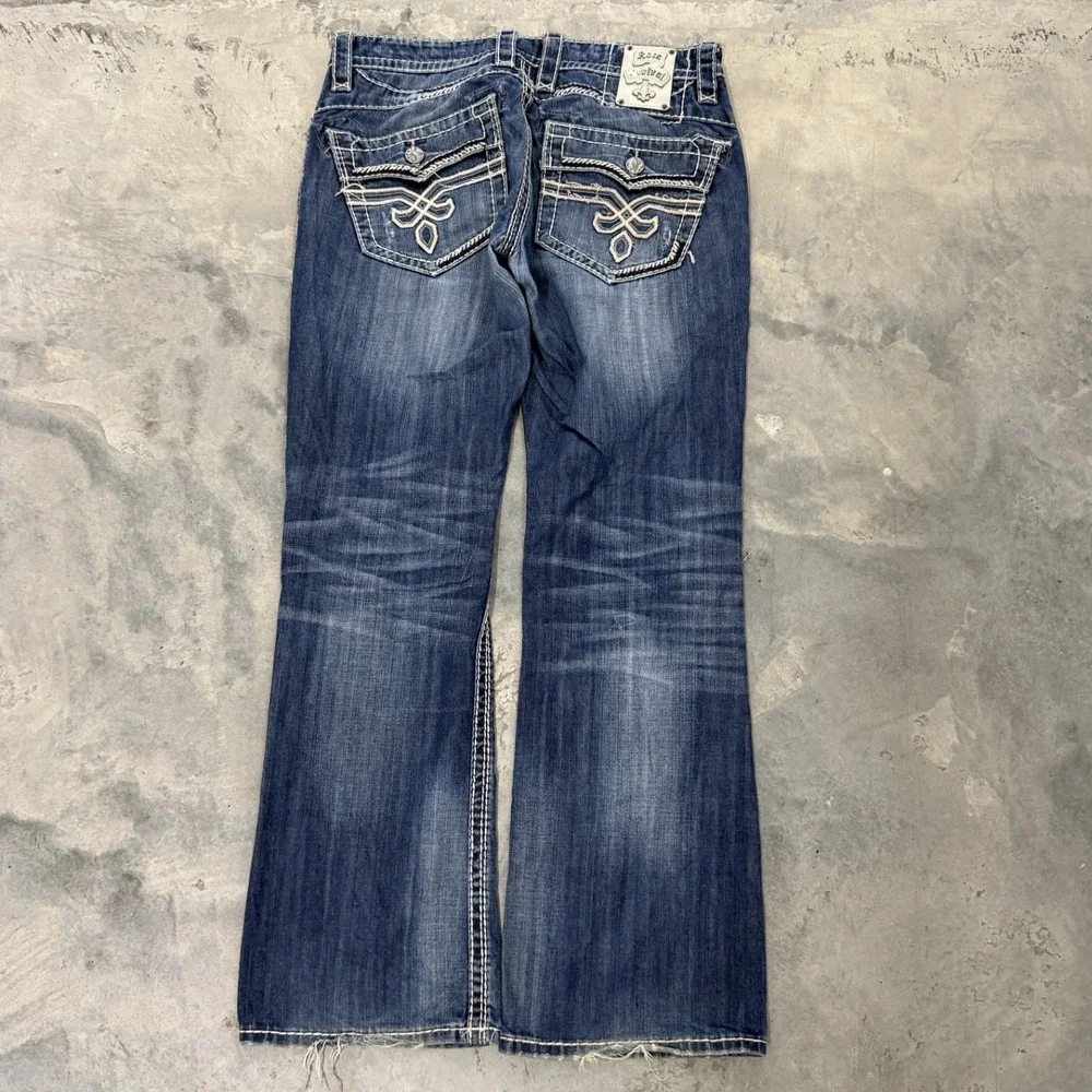 Rock Revival Shane Bootcut Jeans Mens 34 Blue Good Distressed Heavy Stitch